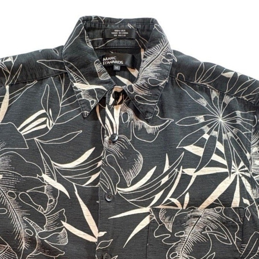 Marc Edwards Silk Hawaiian Shirt Men Medium Black Tropical Floral Camp Button Up